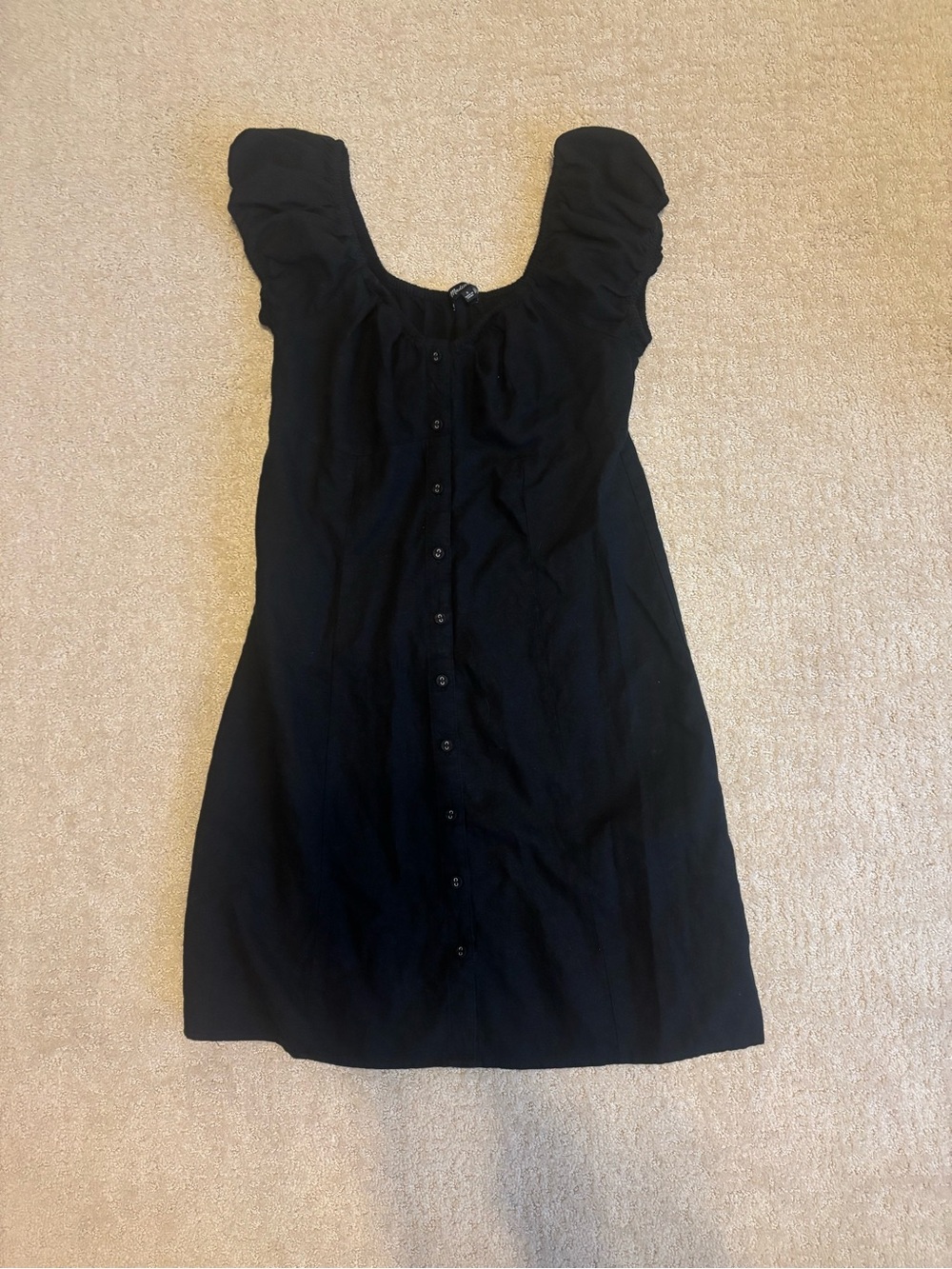 Madewell Black Button-Front Mini Dress with Puff Sleeves